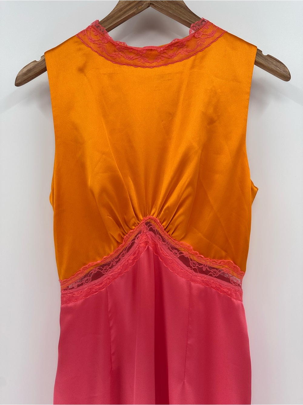 Never Fully Dressed Pink and Orange Satin Lace Slip Dress Size 6 - Picture 11 of 14
